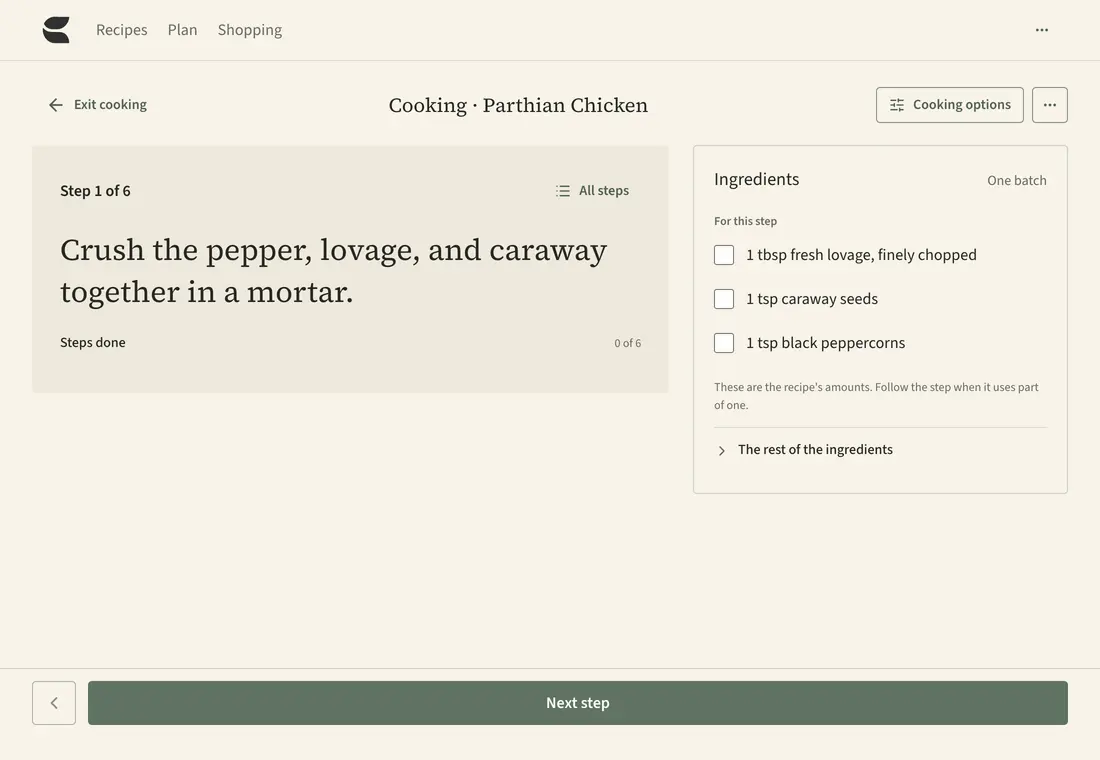 Cooking mode for Parthian Chicken, showing the first instruction and its three assigned ingredients.
