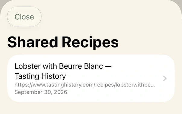 The Shared Recipes inbox in Savorum contains the saved Lobster with Beurre Blanc link from Tasting History.