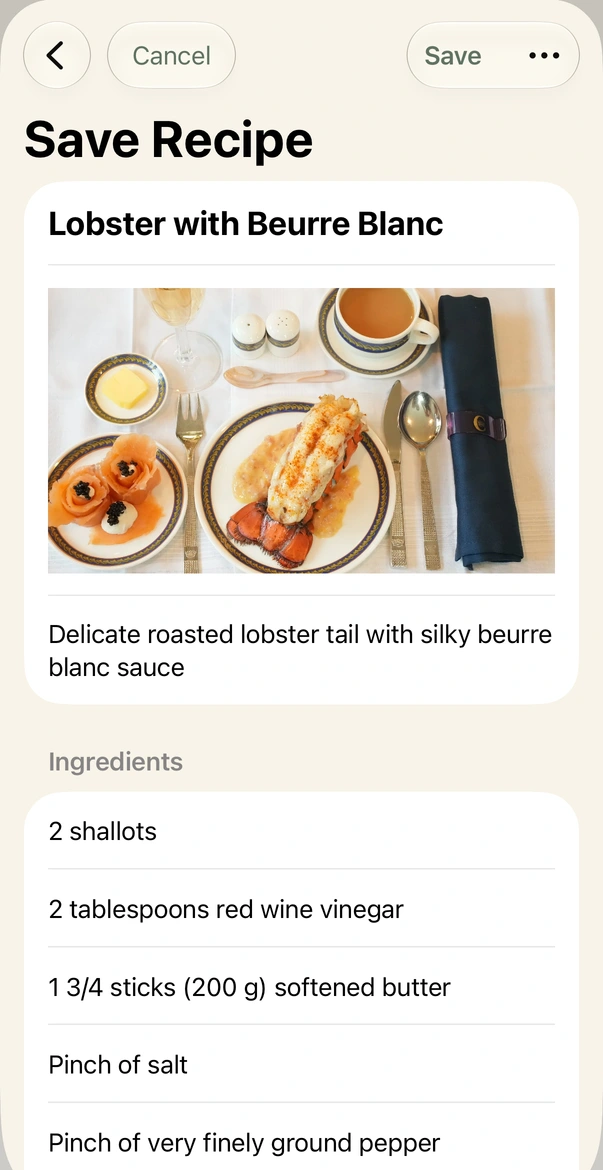 Savorum’s native Save Recipe review shows Lobster with Beurre Blanc, its photograph, description, and first ingredients. Save and Cancel remain available at the top.