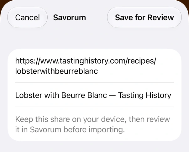 Savorum’s native share extension shows the recipe link and title beneath the Save for Review button.