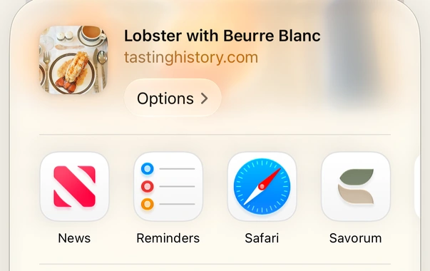 Safari’s share menu shows Lobster with Beurre Blanc from tastinghistory.com and the Savorum app beside the other sharing destinations.