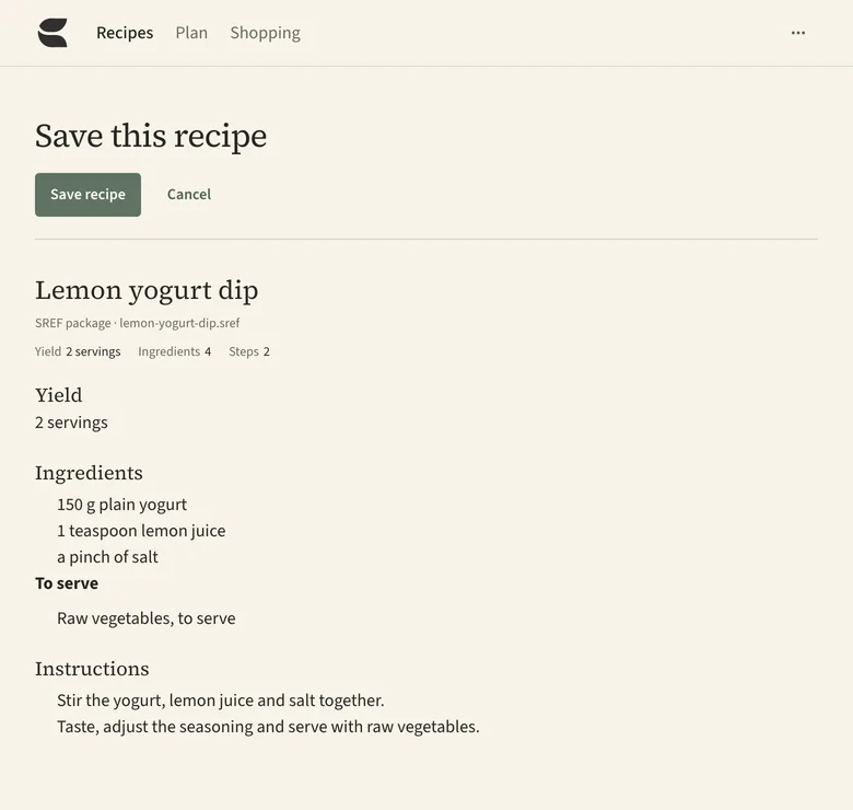 Savorum import review of Lemon yogurt dip, showing its structured ingredients, preparation steps, yield, and Save recipe button.