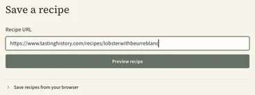 Savorum’s Recipe URL field contains the Tasting History Lobster with Beurre Blanc link, above the Preview recipe button.
