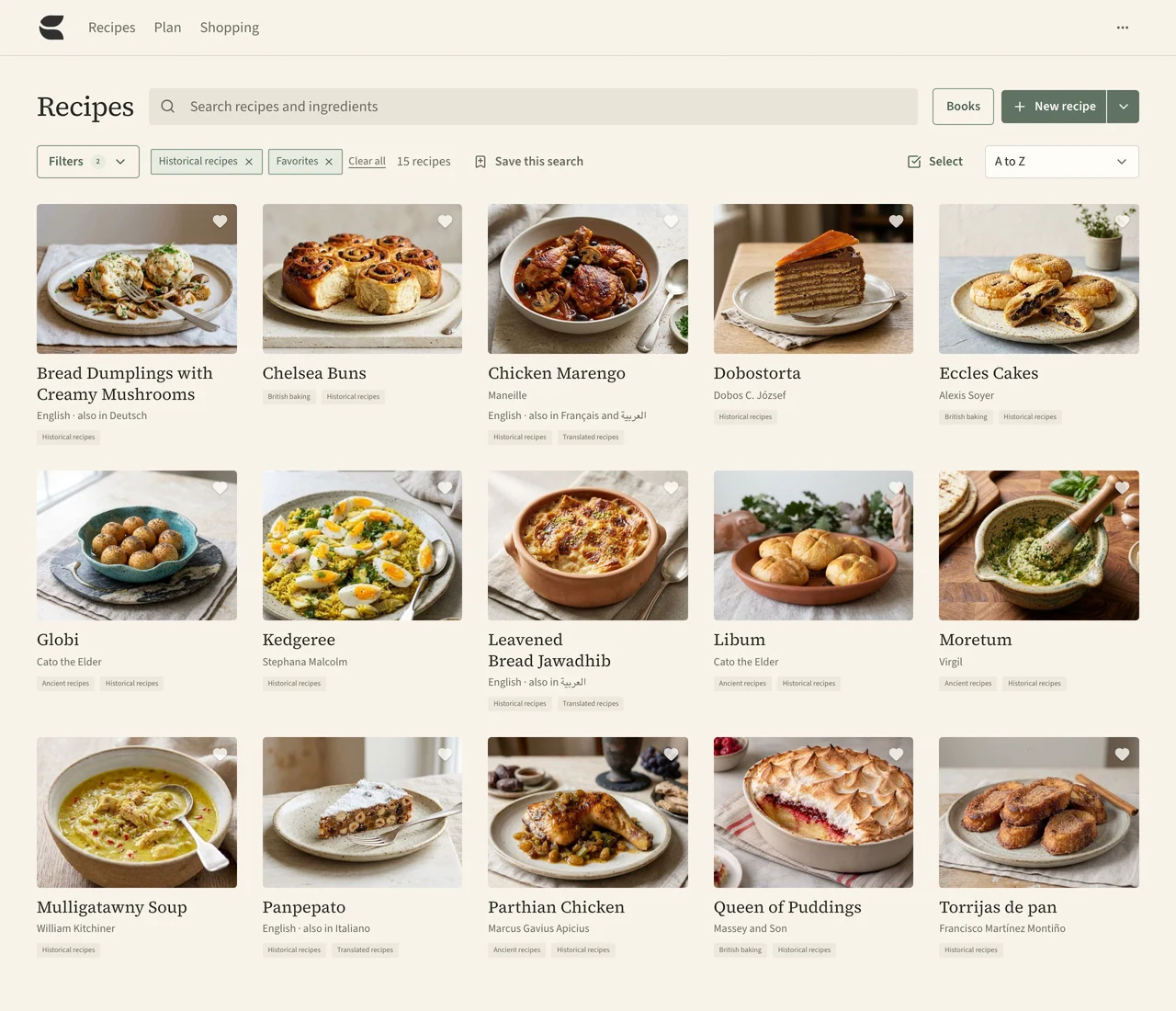 The Savorum library with photographed recipes, search, sorting, and filters.
