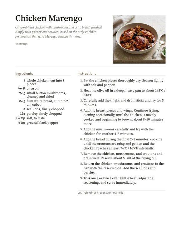 The Chicken Marengo US Letter PDF with its photograph, ingredients, and method.
