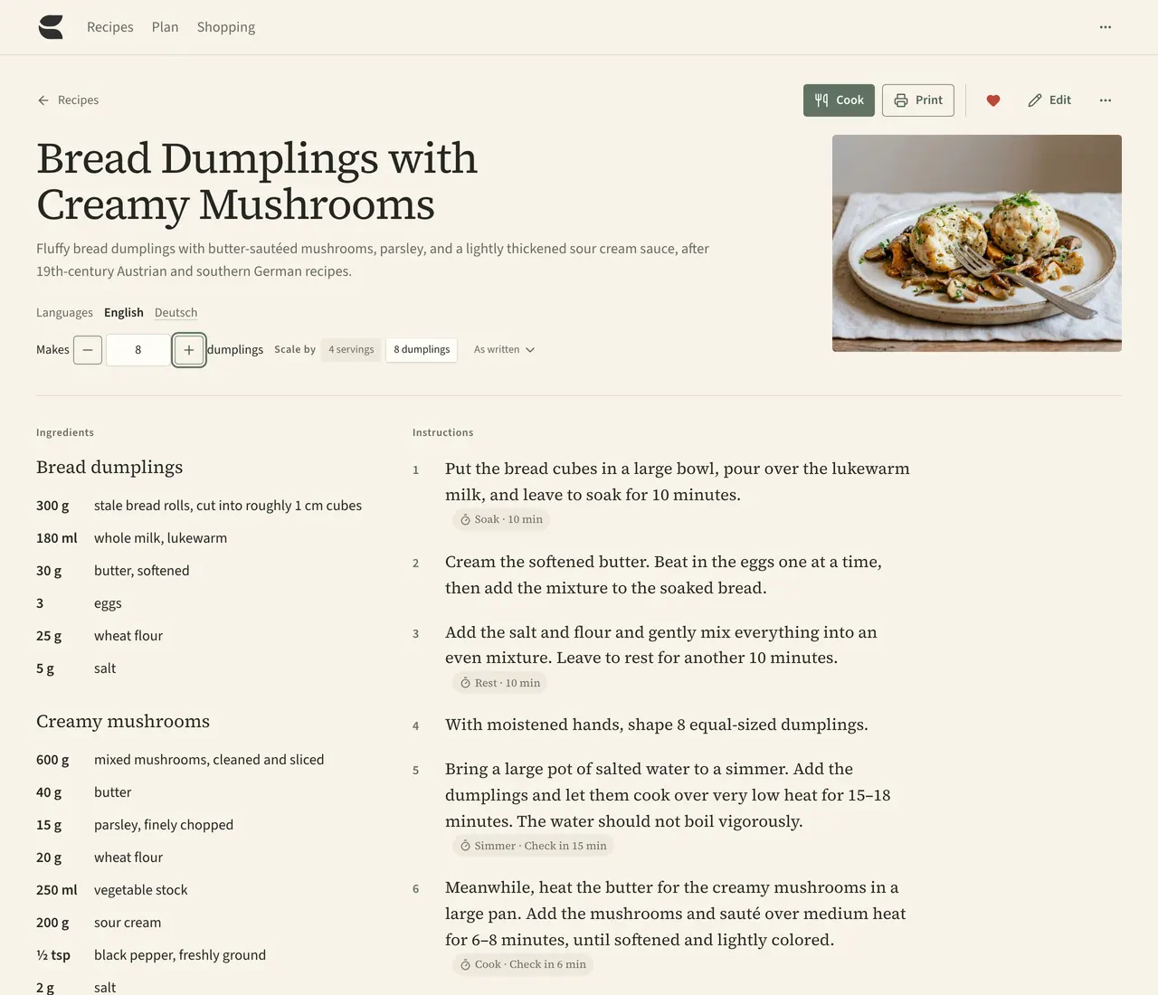 Bread Dumplings with Creamy Mushrooms at 8 dumplings: 300 g bread rolls and 180 ml milk; also 4 servings.